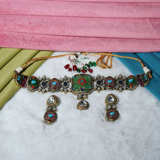Navrangi Raas Choker Set Green