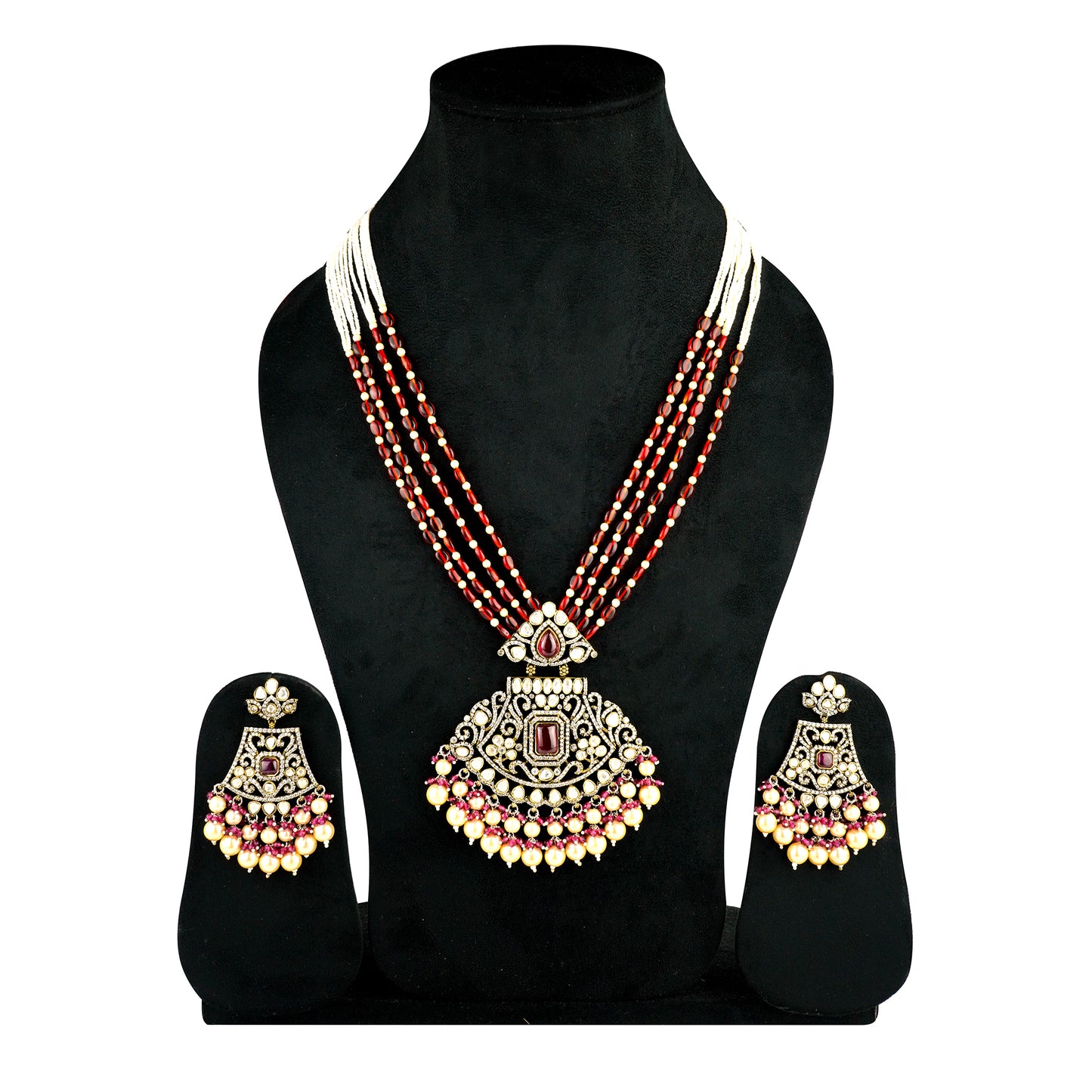 Shanadar Pearl Ruby Red Kundan Set