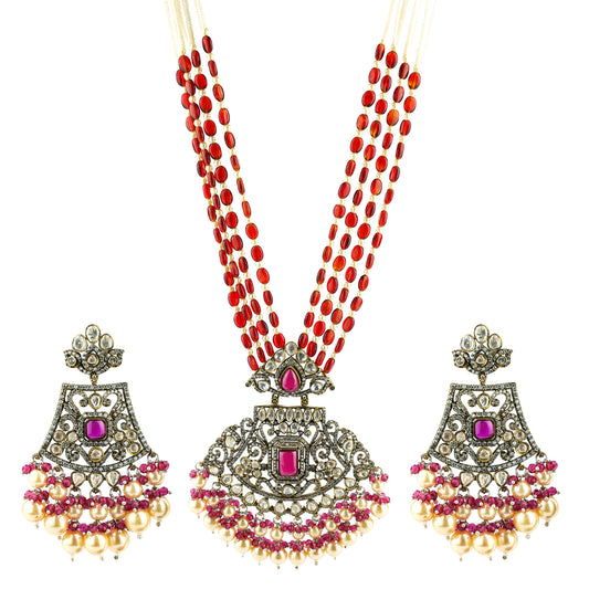 Shanadar Pearl Ruby Red Kundan Set